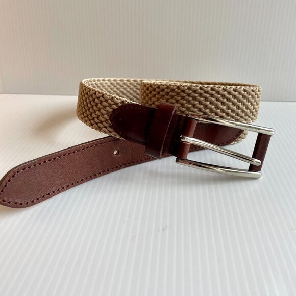 Leather Woven Elastic Belt Unisex S Silver Buckle Preppy Collegiate Classic - Picture 2 of 10